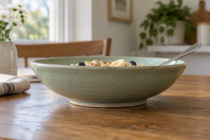 Low side view of a sage ceramic breakfast bowl with a wide foot on a wood table, with a spoon resting inside