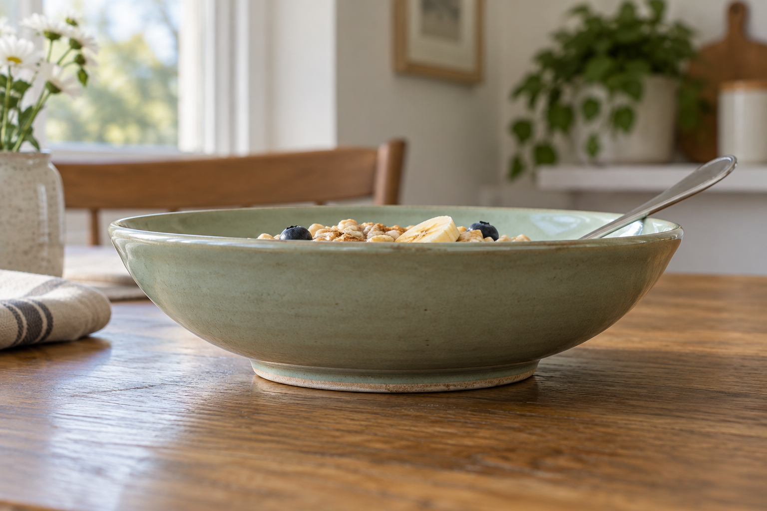 Low side view of a sage ceramic breakfast bowl with a wide foot on a wood table, with a spoon resting inside