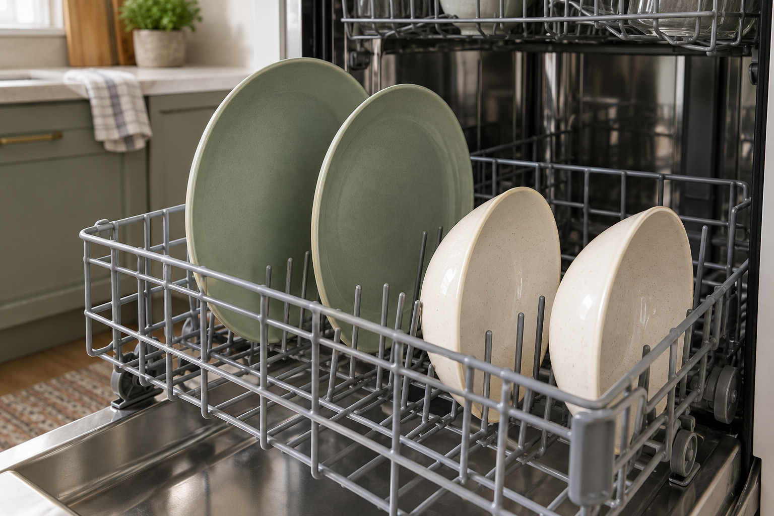 Open household dishwasher rack holding sage and cream ceramic plates and bowls separately with space between rims