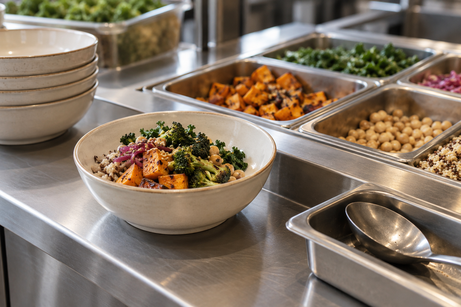 Cream ceramic grain bowl beside ingredient pans on a fast-casual service counter, with clear space around the rim