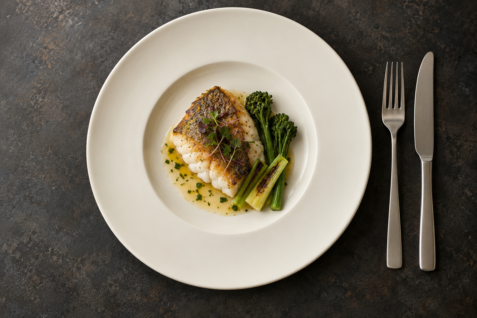 Overhead view of a cream ceramic plate with a small fish course, sauce and garnish inside a clear carrying rim