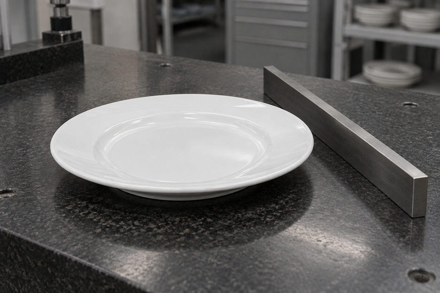 White ceramic plate on a flat granite inspection surface with a straightedge nearby for checking fired shape and rim lift
