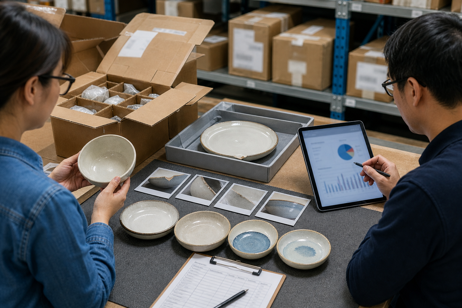Quality team reviewing returned ceramic dinnerware, chipped-rim photos, glaze variation samples, and complaint data