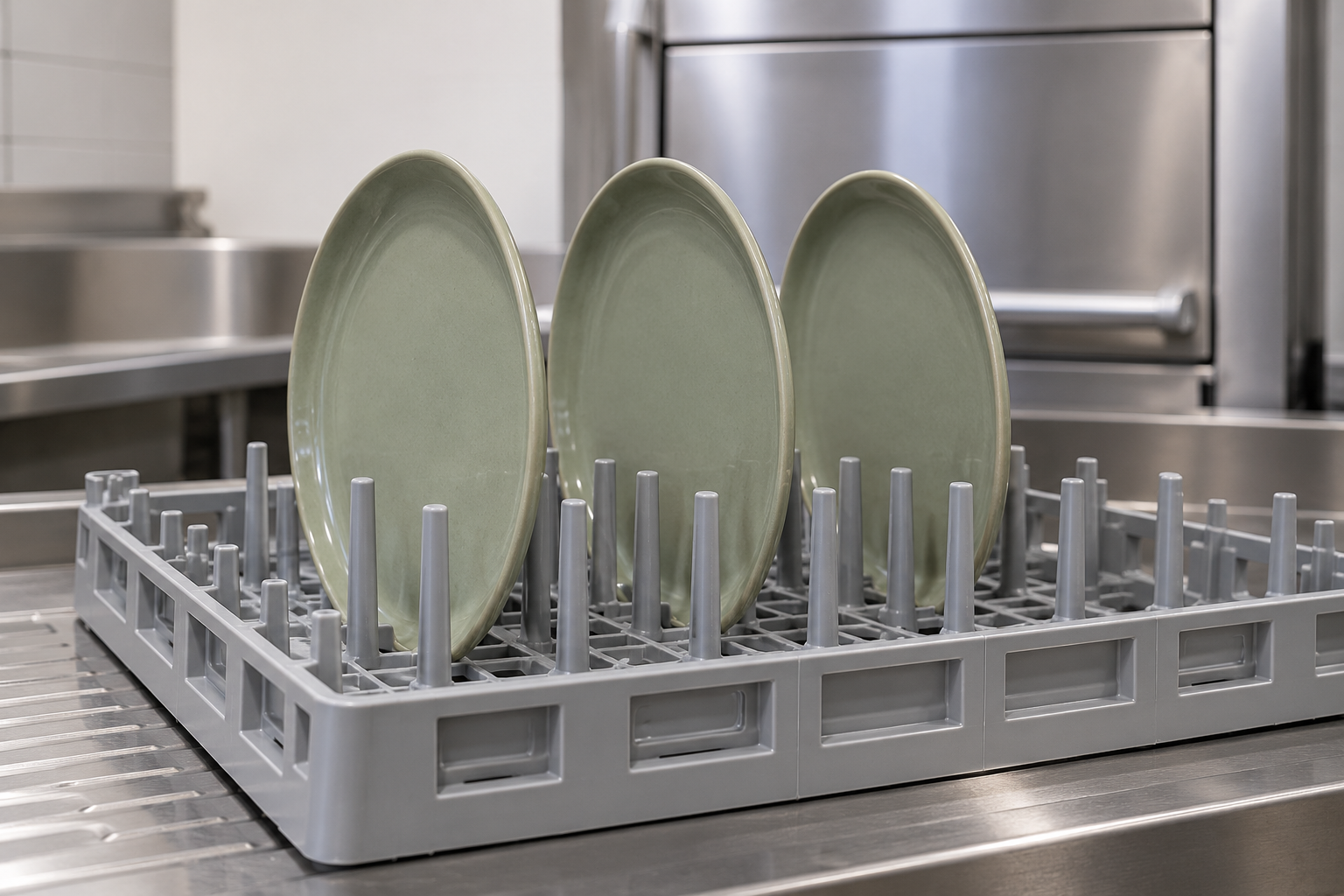 Side view of oval ceramic plates held separately in a commercial wash rack, showing rim spacing and rack clearance