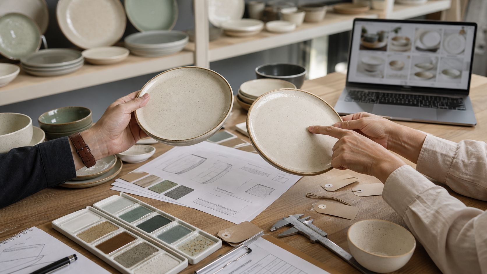 Private label dinnerware sample review comparing glaze standards, rim shape, and production notes before approval