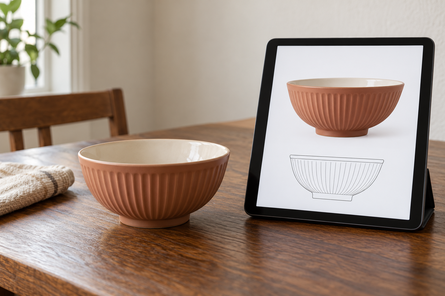 Single ribbed ceramic bowl beside a tablet showing a matching bowl profile and a simple product identification diagram