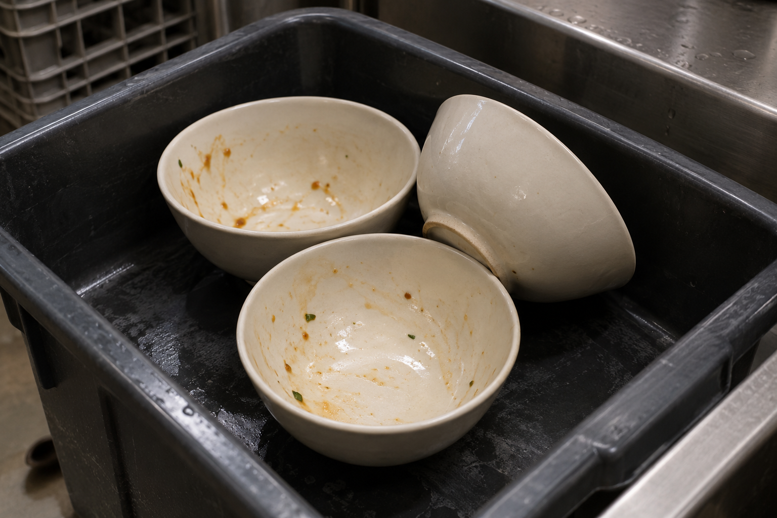 Three used ceramic bowls resting at different angles in a restaurant bus tub, showing rim and foot-ring contact