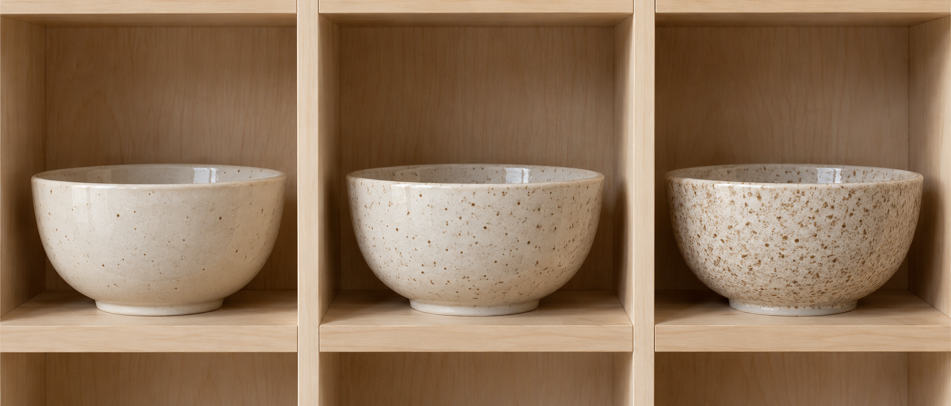 Three oatmeal ceramic bowls with light, medium, and heavier brown speckling displayed on separate reference shelves